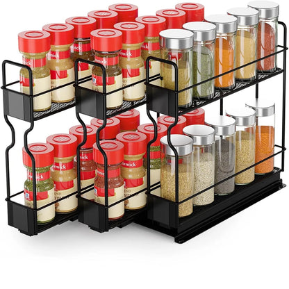 2-Tier Spice Rack Slide Out Wire Basket Drawer Organizer, Black