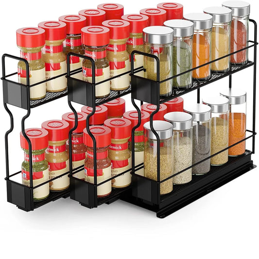 2-Tier Spice Rack Slide Out Wire Basket Drawer Organizer, Black