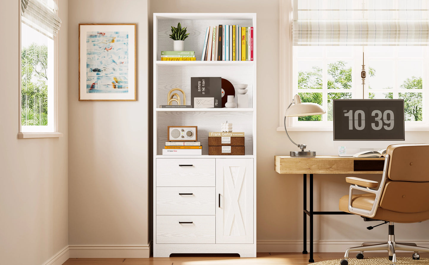 Bookshelf with Door and 3 Drawers, Tall Bookcase Shelf with 3-Tier Shelves