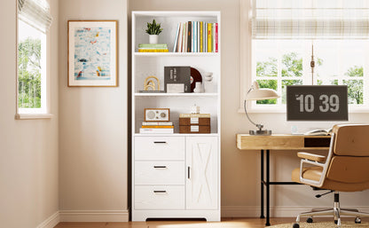 Bookshelf with Door and 3 Drawers, Tall Bookcase Shelf with 3-Tier Shelves