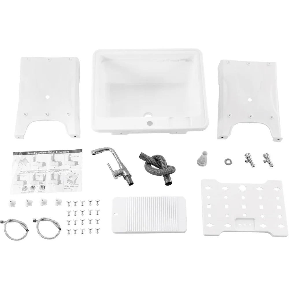 Freestanding Plastic Laundry Sink with Cold & Hot Water Faucet Indoor Outdoor Utility Sink with Washboard Hoses and Drain Kit