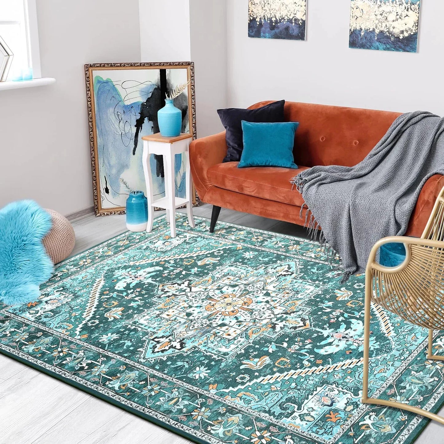 Faux Cashmere Vintage Floral  Soft Accent Area Rug, Low Pile for Living Room Bedroom