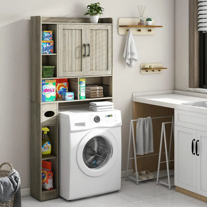 Bathroom Organizer Storage Wood Over The Toilet Storage Cabinet with Barn Doors &Toilet Paper Stand 67'' Tall Toilet Rack