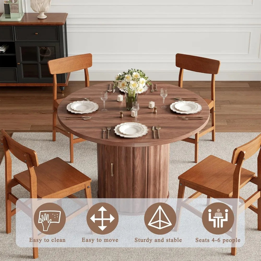 47 Inch Round Dining Table, Modern Round Wood Dining Table Rustic Kitchen Table for 4-6 People with Hidden Shelves for Dining