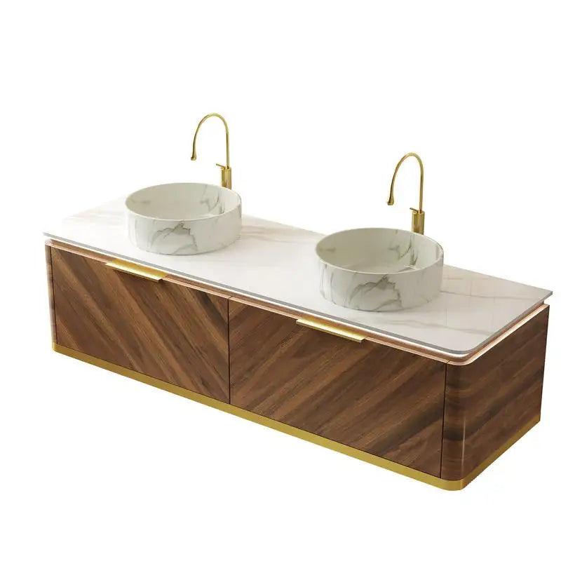 60" Bathroom Vanity with Sinks, Floating Plywood Storage Cabinet, 2 Drawers with Sensor Light, 2 Ceramic Vessel Basins