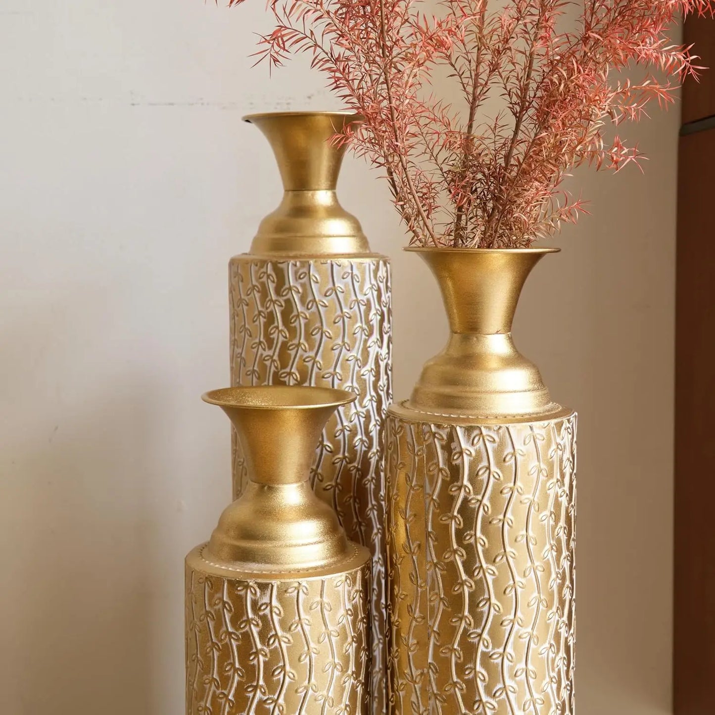 Tall Gold Metal Vase Set of 3