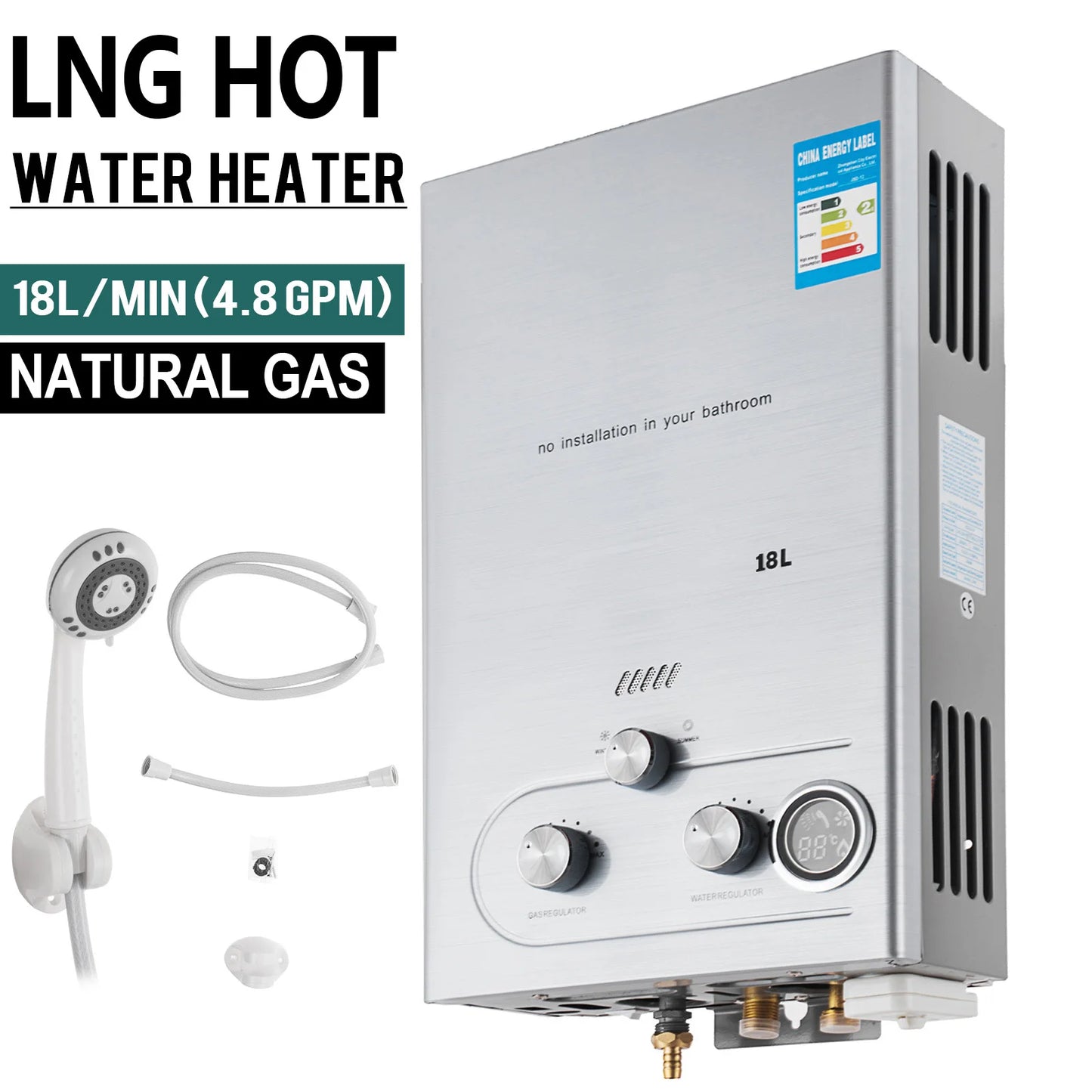 18L Hot Water Heater Propane Gas LPG/LNG On-Demand Tankless Water Heater Digital Home Bathroom Shower Head Instant Boiler Heater