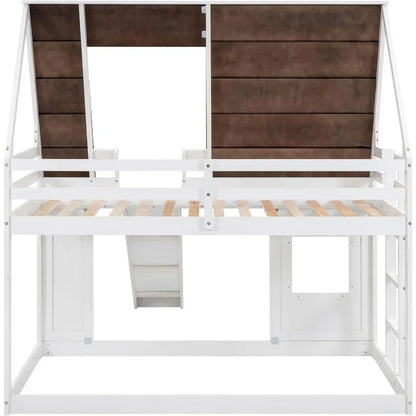 Twin Over Twin House Bunk Bed Frame with Roof ,Window ,Ladder and Slide for Boys Girls, White & Brown