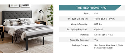 Metal Bed Frame with Upholstered Finely Stitched Headboard, Linen Fabric, Sturdy Foundation, No Box Spring Needed