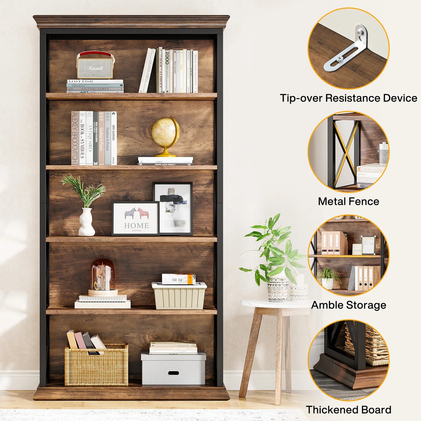 6-Tier Bookcase, 71 Inches Industrial Bookshelves and Bookcases, Floor Standing 5 Shelf Display Storage Shelves