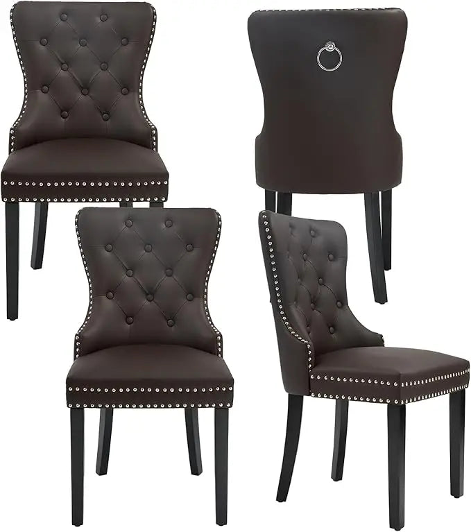 PU Leather Dining Chairs Set of 4 – Tufted Upholstered Seats, Solid Wood Legs & Pull Ring | Ideal for Dining Rooms
