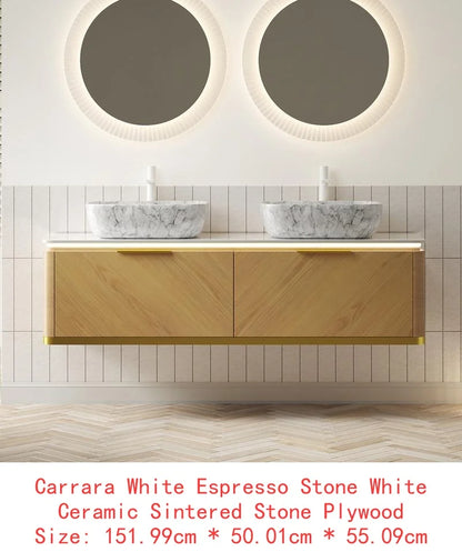 60" Bathroom Vanity with Sinks, Floating Plywood Storage Cabinet, 2 Drawers with Sensor Light, 2 Ceramic Vessel Basins