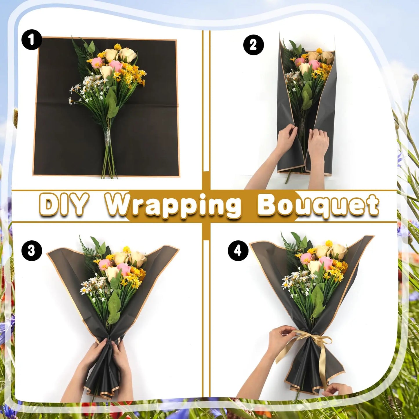 20 Sheets Black Flower Wrapping Paper with Golden Edges, Korean Florist Bouquet Supplies, Waterproof Packaging, Great for DIY Cr