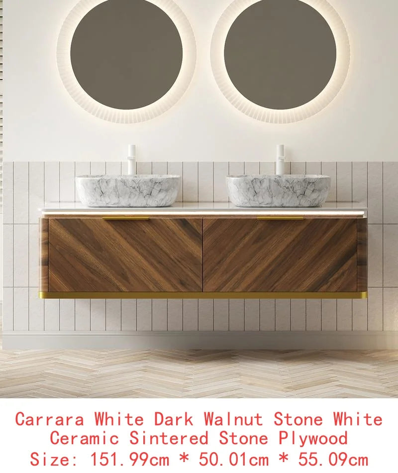 60" Bathroom Vanity with Sinks, Floating Plywood Storage Cabinet, 2 Drawers with Sensor Light, 2 Ceramic Vessel Basins