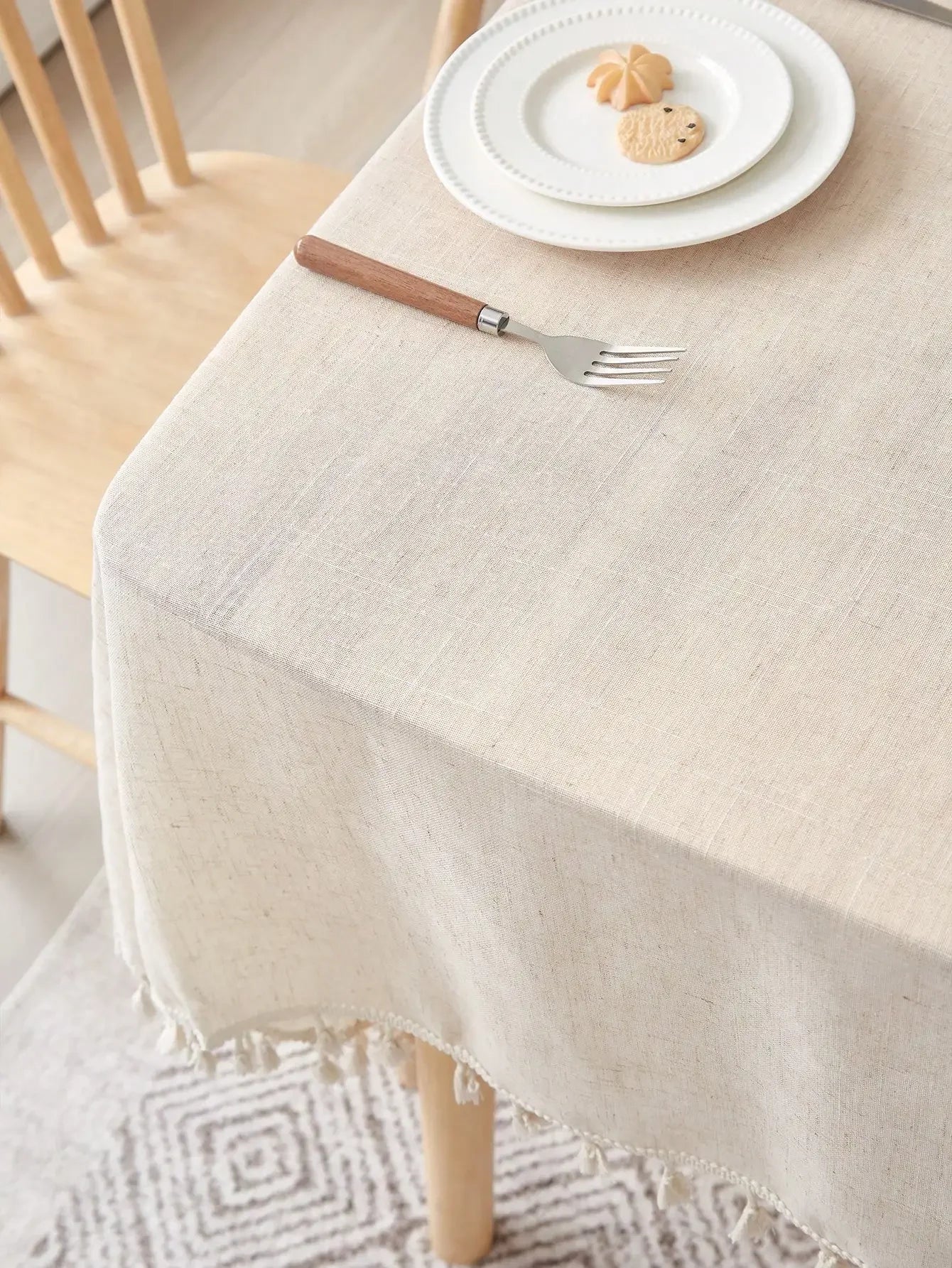 Beige linen square tablecloth, retro countryside style, kitchen living room coffee table