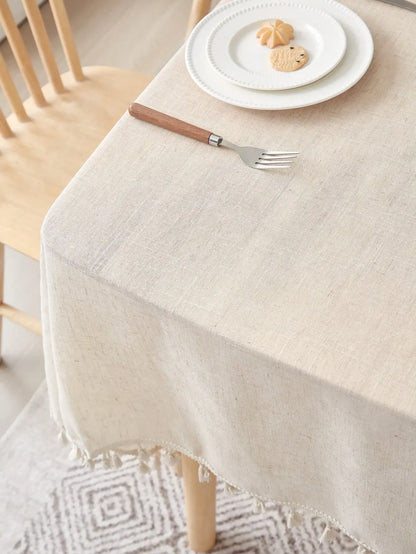 Beige linen square tablecloth, retro countryside style, kitchen living room coffee table