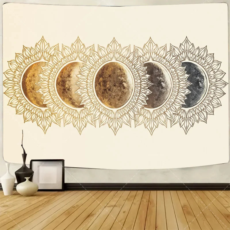 1pc Wall Tapestry  Moon Phase Tapestry - Gold Floral Mandala Wall Hanging
