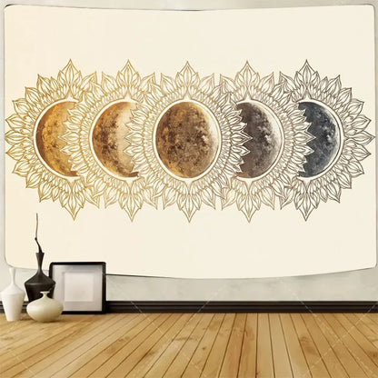 1pc Wall Tapestry  Moon Phase Tapestry - Gold Floral Mandala Wall Hanging