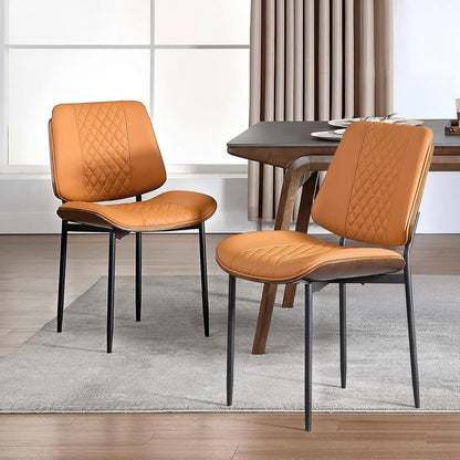 Set of 2 PU Leather Dining Chairs - Mid-Century Bentwood w/ Metal Legs, Modern Walnut Style