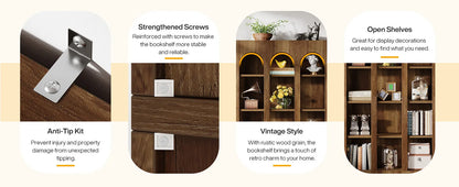 5-Tier Bookshelf, 70.87-Inch Mid Century Modern Bookcase with Open Shelves, Book Shelf Vintage Display Storage for Home Office