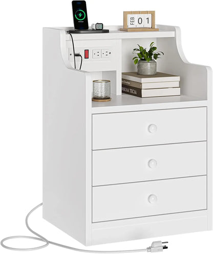 Nightstand with Charging Station,  with Hutch & Storage Drawers
