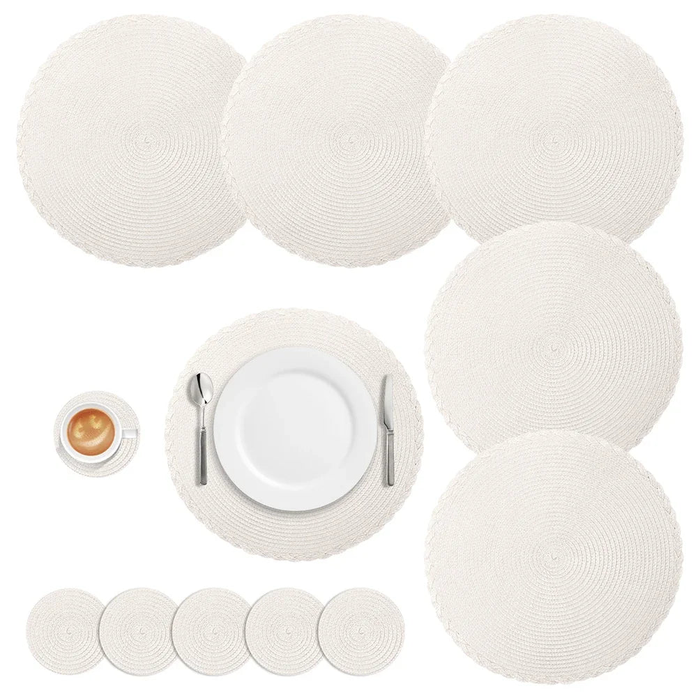 Round Braided Set of 6 Washable Round Placemats for Christmas Kitchen Wedding Dining Table 34cm Woven Heat Resistant Place Mats