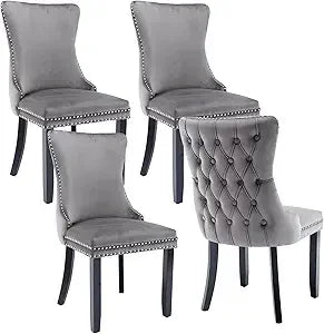 Velvet Upholstered Dining Chairs Set of 4 Wingback Kitchen Room Black Accent Chairs 4PC Solid Wood Leg
