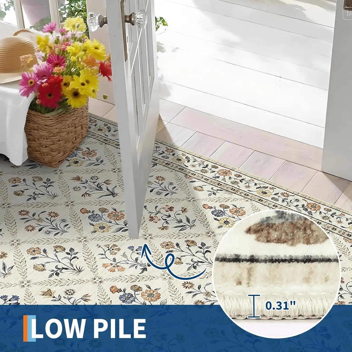 Vintage Washable Area Rugs for Living Room Soft Low-Pile Non-Slip Carpet  for Bedroom Dining Room Home Office