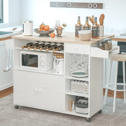 Rolling Kitchen Island Cart with Drop-Leaf & Wine Rack Drawer Shelves & Spice Rack, Microwave Rack Serving Cart on Wheels