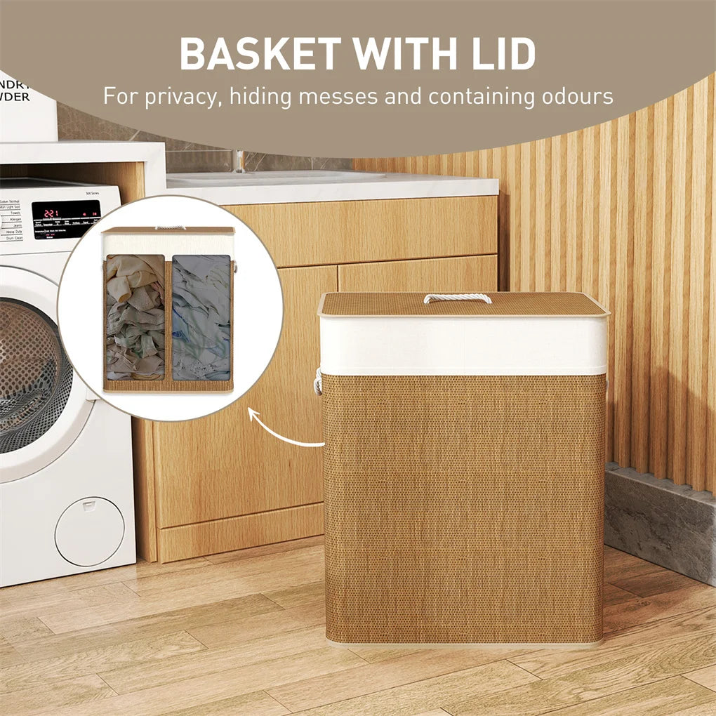 Bamboo Laundry Hamper Foldable Laundry Basket with Lid Removable and Machine Washable Liner for Efficient Laundry