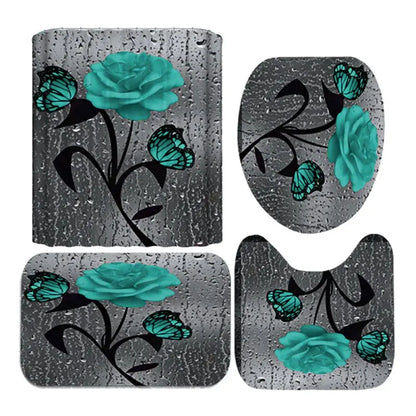 4pcs Set Doormat Shower Curtain with Non-Slip Rugs Toilet Seat Cover Bath Carpet Durable Waterproof