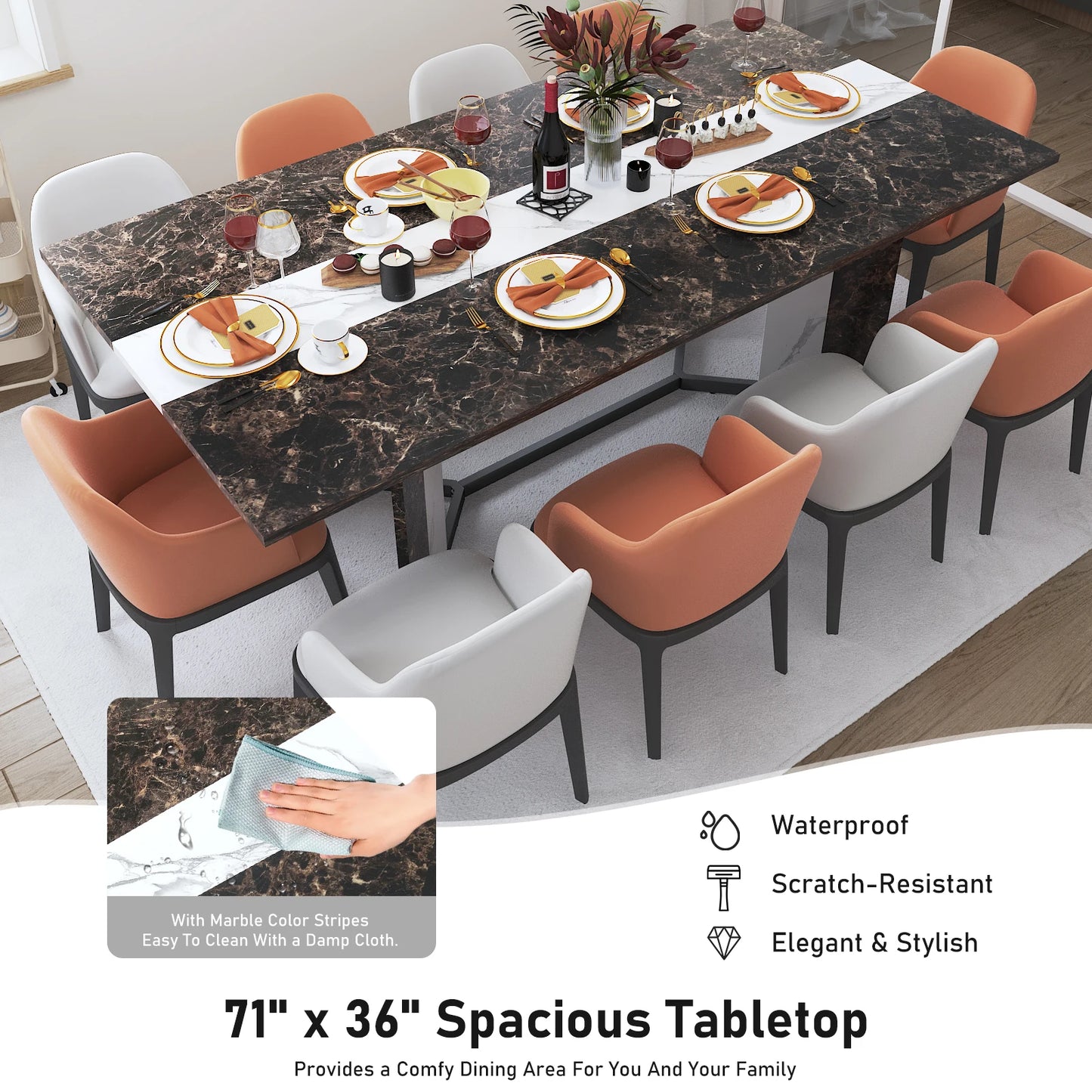 71In Large Rectangular White Dining Table for 4 5 6 8 10 People, w/Marble Color, Wood Tabletop, Metal Leg