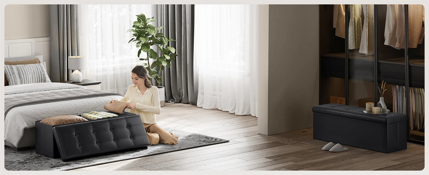 SONGMICS 43 Inches Folding Storage Ottoman Bench, Storage Chest, Footrest, Coffee Table, Padded Seat, Faux Leather