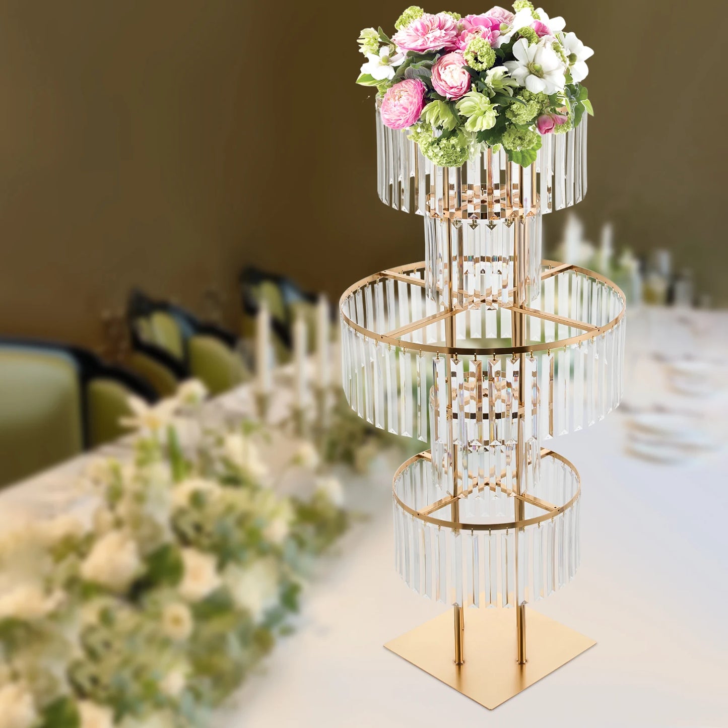 5 Tiers Gold Wedding Centerpieces Flower Stand Vase Centerpiece Acrylic Flower Stand with Hanging Acrylic