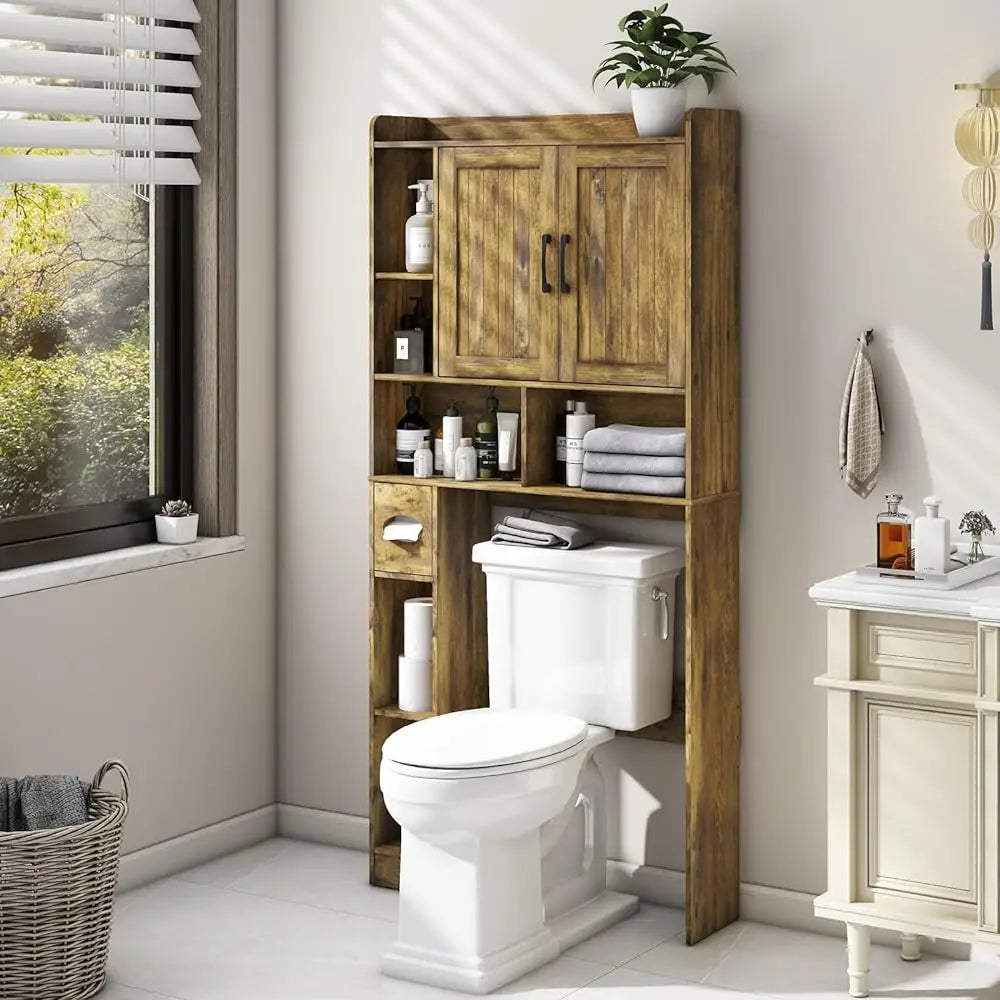 Bathroom Organizer Storage Wood Over The Toilet Storage Cabinet with Barn Doors &Toilet Paper Stand 67'' Tall Toilet Rack