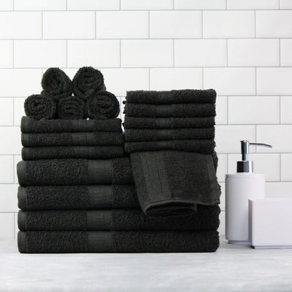 18 Piece 100% Cotton Towel Set, 4 Bath , 4 Hand and 10 Washcloths, Super Soft and Highly Absorbent Basic Solid Towel Set,Black