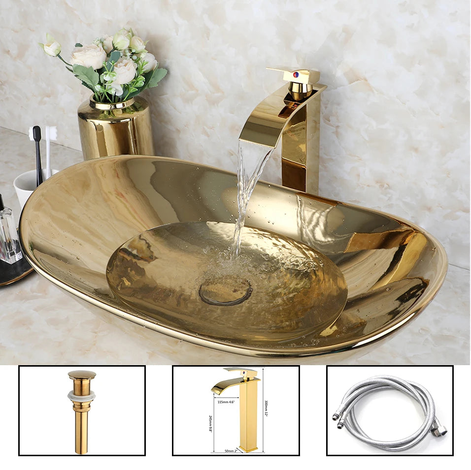 Gold Ceramic Luxury Bathroom Vessel Sink Set  Bowl Washbasin Waterfall Brass Faucet Pop Up Drain Combo High-End Basin Kit