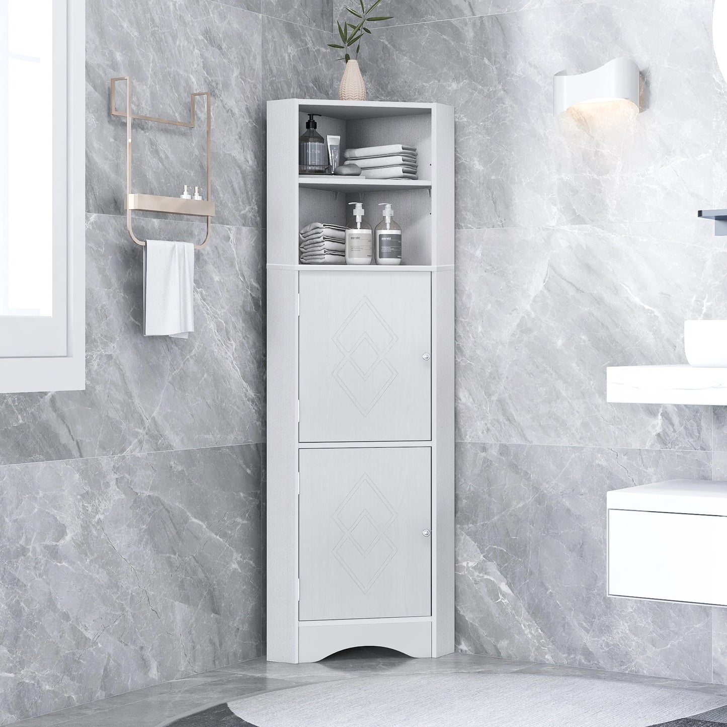 Tall Bathroom Corner Cabinet, Freestanding Storage Cabinet with Doors and Adjustable Shelves