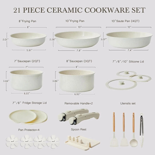 Pots and Pans Set Healthy Non toxic Non Stick Ceramic Cookware Set 21 Pcs Detachable Handles, Oven Safe, Induction Dishwasher