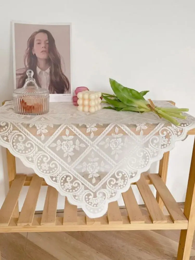 Nordic White Lace Hollow Tablecloth Vintage Rose Flower Pattern