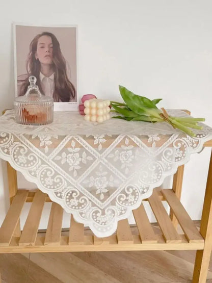 Nordic White Lace Hollow Tablecloth Vintage Rose Flower Pattern