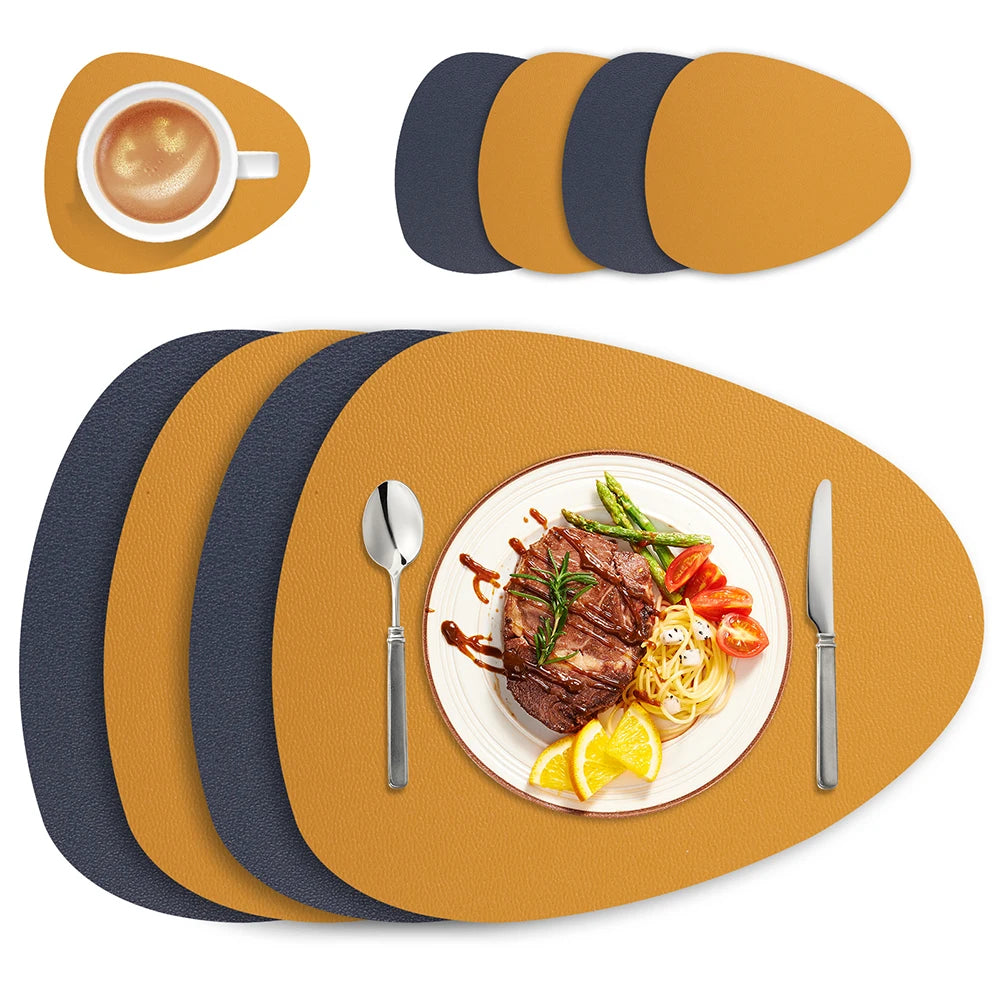 Irregular Shape PU Leather Placemats Set Oil-Proof Waterproof Dual-Sided Place Mats for Kitchen Bistro Tables Bars Coffee Shops