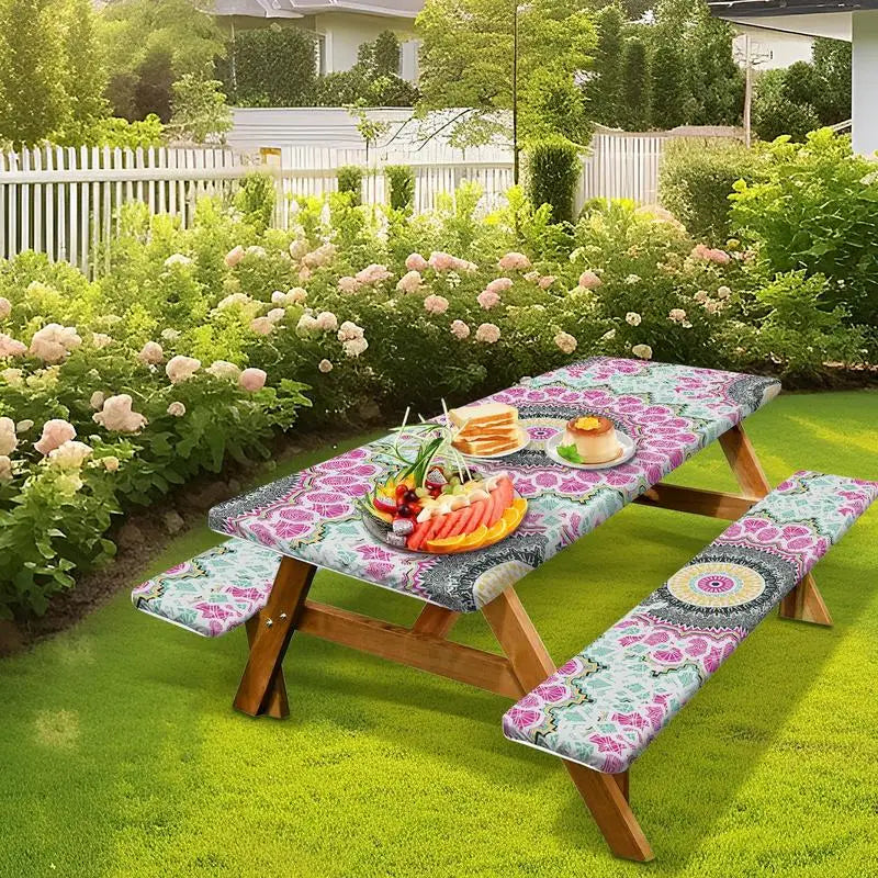 3pcs Picnic Table Covers With Elastic Tablecloth For Outdoor Parties And Camping