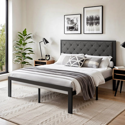 Metal Bed Frame with Upholstered Finely Stitched Headboard, Linen Fabric, Sturdy Foundation, No Box Spring Needed