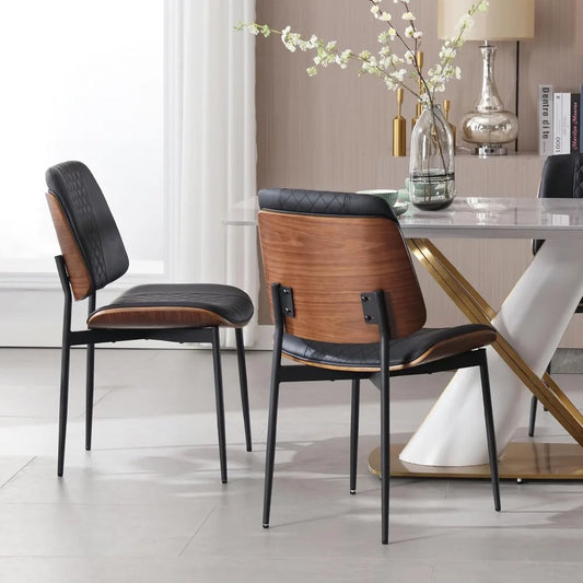 Set of 2 PU Leather Dining Chairs - Mid-Century Bentwood w/ Metal Legs, Modern Walnut Style