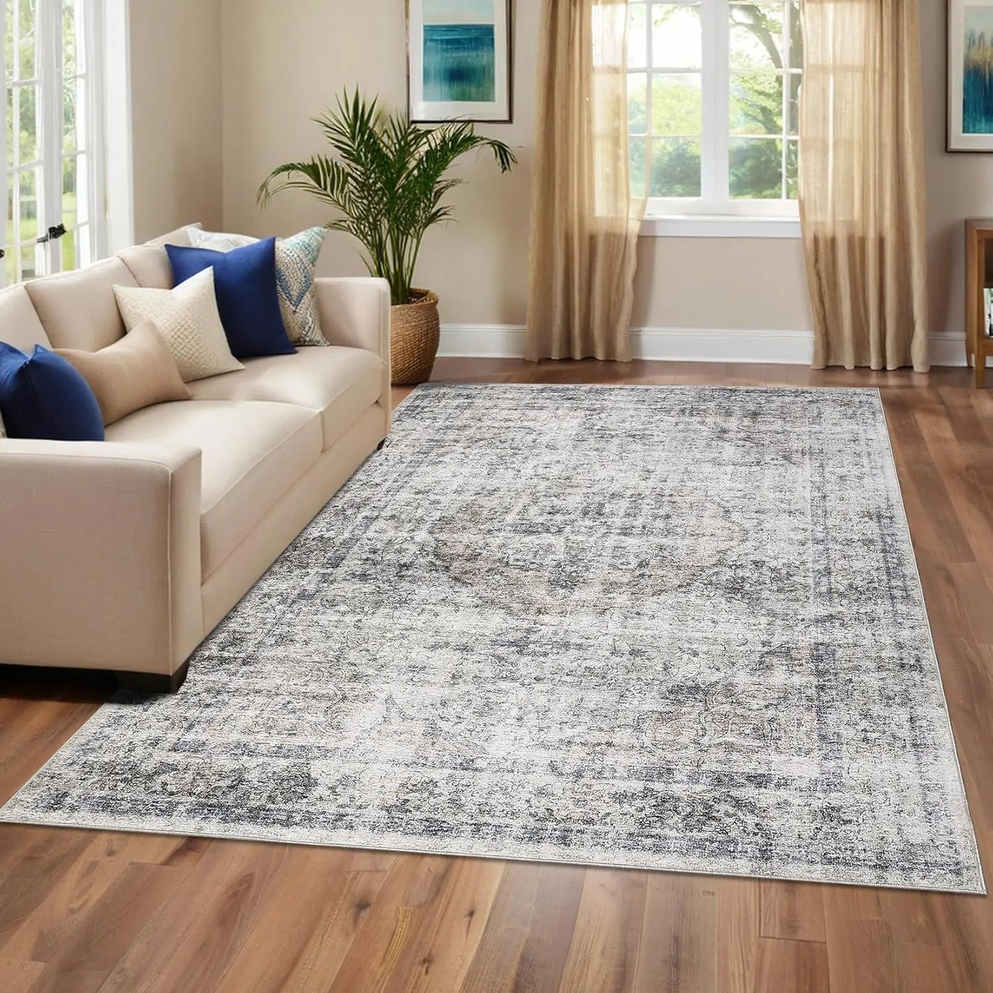 Washable Area Rug Stain-Resistant Throw Rug Indoor Carpet with Non-Slip Backing Foldable Floor Cover for Living Room, Bedroom