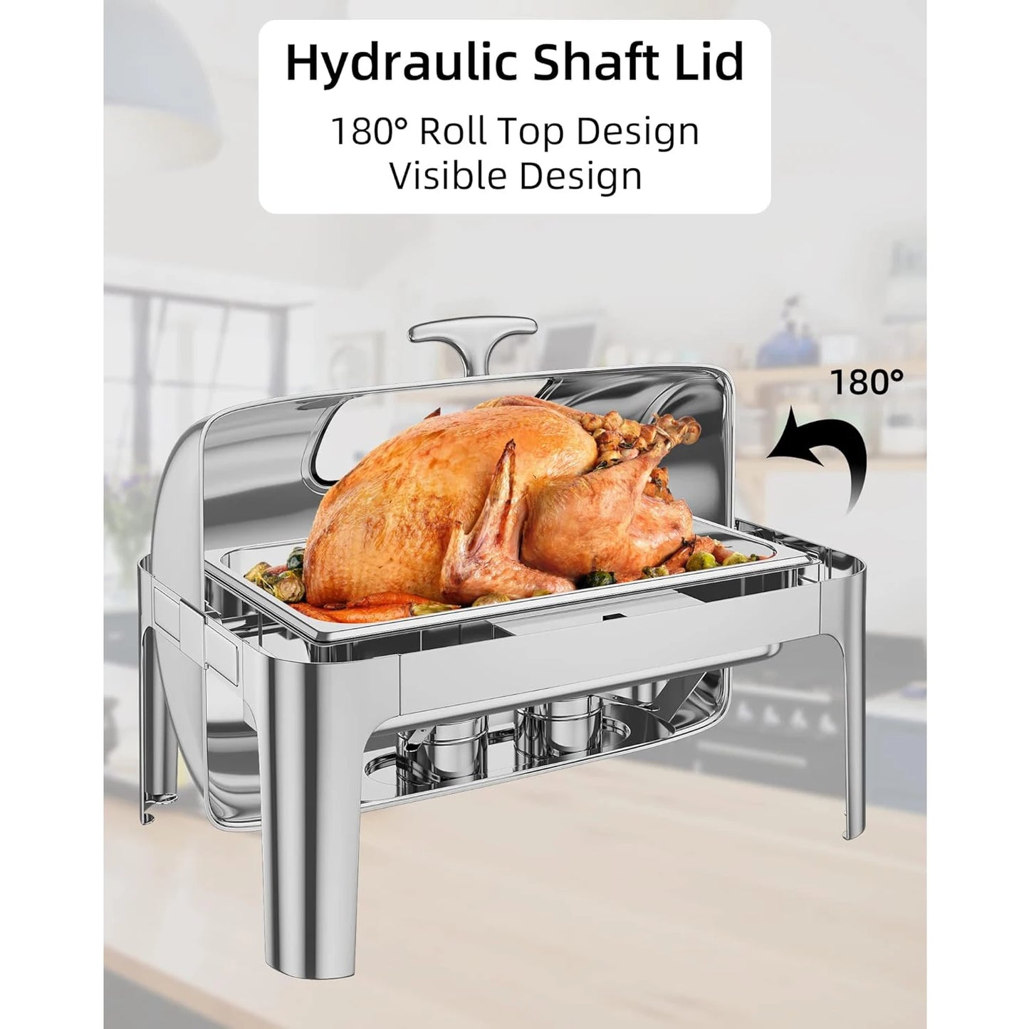 Chafing Dish 9QT Stainless Steel Roll Top Chafer Visible Buffet Server for Resturant Party Commercial Dish Buffet-Full Size Pan