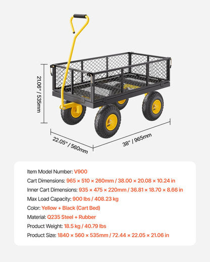 Steel Garden Cart  on Wheels Metal Yard Wagon Cart W/ All Terrain Tires Mesh Removable Sides and Rotating Handle