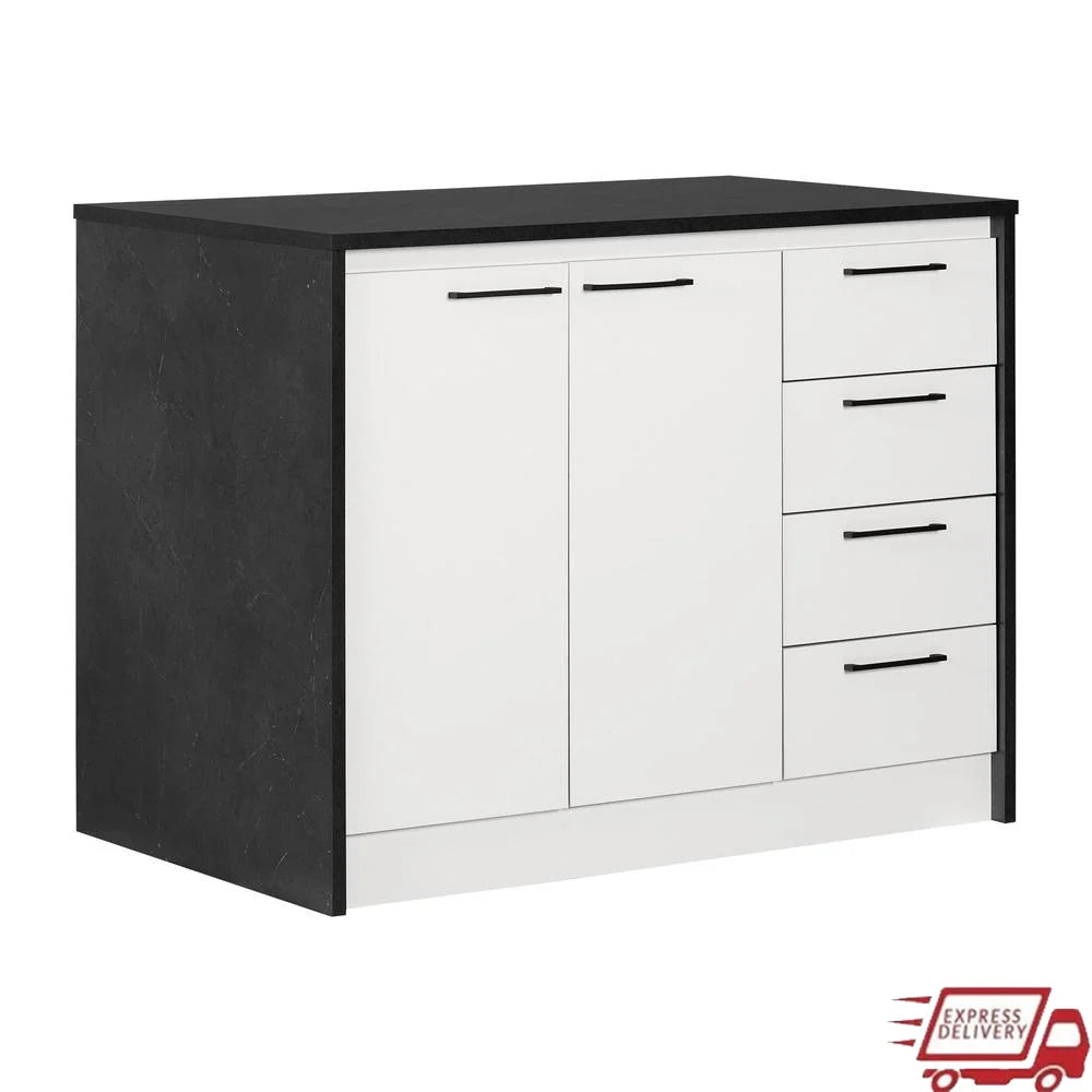 Kitchen Island Faux Black Stone White Adjustable Shelf Four Drawers Water Resistant Storage Prep Countertop