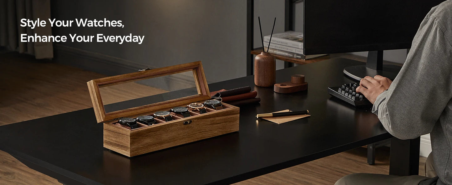 Watch Box, 6-Slot Watch Case, Solid Wood Watch Box Organizer with Glass Lid, Watch Display Case with Removable Pillows